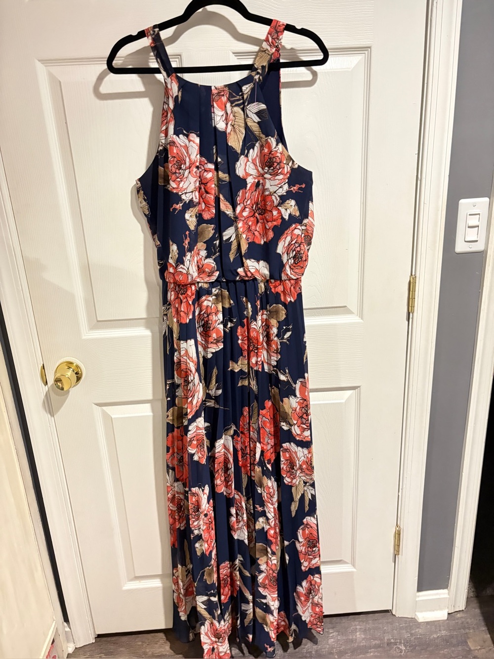 Bisou Bisou Navy Maxi Dress with Coral Floral Print